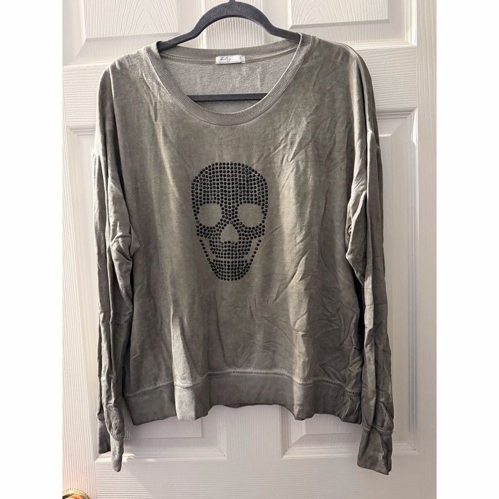 Acid Wash Olive Sweatshirt with Studded Skull